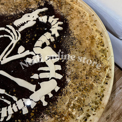 Dinosaur themed epoxy resin clear coffee table, ultra realistic fossil bedside nightstand, end table with metal legs, live edge pebble sand