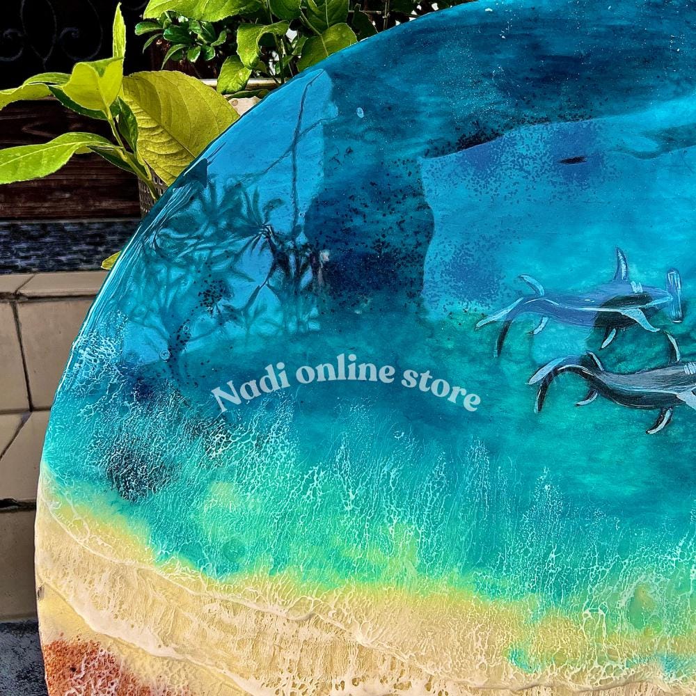 Resin ocean coffee table with metal legs, beach themed end table, crashing waves bedside nightstand, blue epoxy beach house table