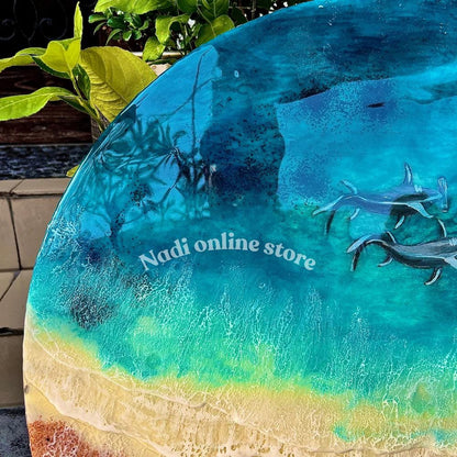Resin ocean coffee table with metal legs, beach themed end table, crashing waves bedside nightstand, blue epoxy beach house table