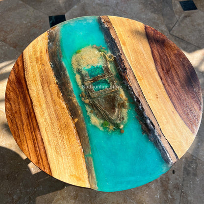 Resin Ocean Wave Coffee Table, Round Epoxy Wood Coffee Table, Live Edge Coffee Table, Ocean Decor ship wreck end table outdoor patio table