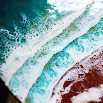 Resin ocean coffee table with metal legs, coastal beach themed end table, crashing wave bedside nightstand, green round epoxy beach house table