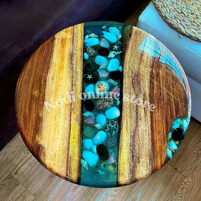 Epoxy resin pebble river coffee table, custom resin live edge table, round end table with legs, living room center table wood and epoxy table