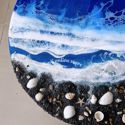 Resin ocean coffee table, blue beachy side table, custom epoxy side table, coastal waves and seashells table, round bedroom nightstand with legs