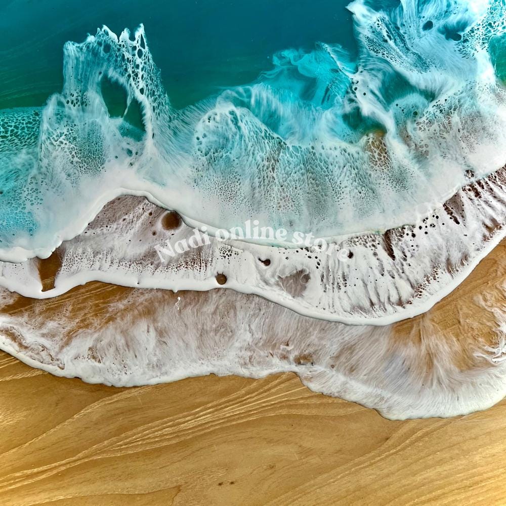 Resin ocean coffee table with metal legs, tropical beach themed end table, crashing waves bedside nightstand, blue epoxy beach house table