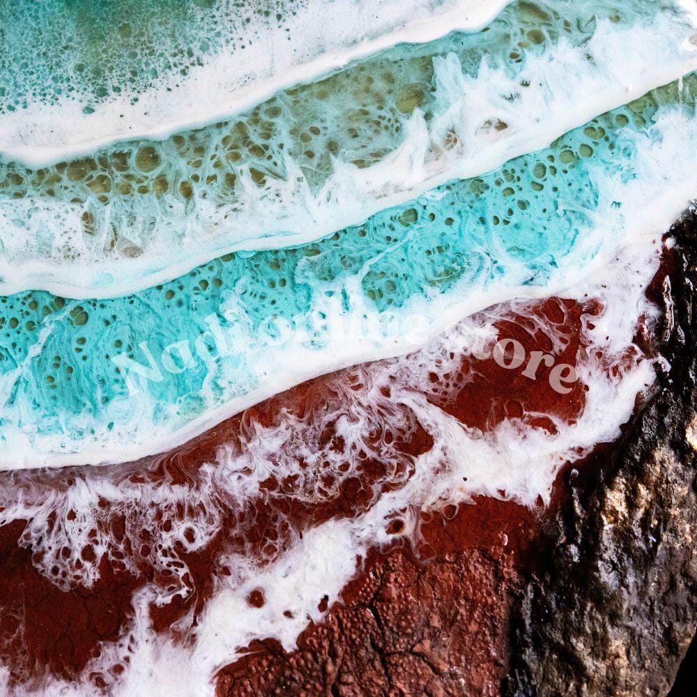 Resin ocean coffee table with metal legs, coastal beach themed end table, crashing wave bedside nightstand, green round epoxy beach house table