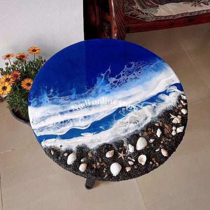 Resin ocean coffee table, blue beachy side table, custom epoxy side table, coastal waves and seashells table, round bedroom nightstand with legs