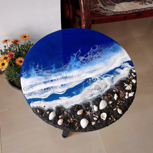 Resin ocean coffee table, blue beachy side table, custom epoxy side table, coastal waves and seashells table, round bedroom nightstand with legs