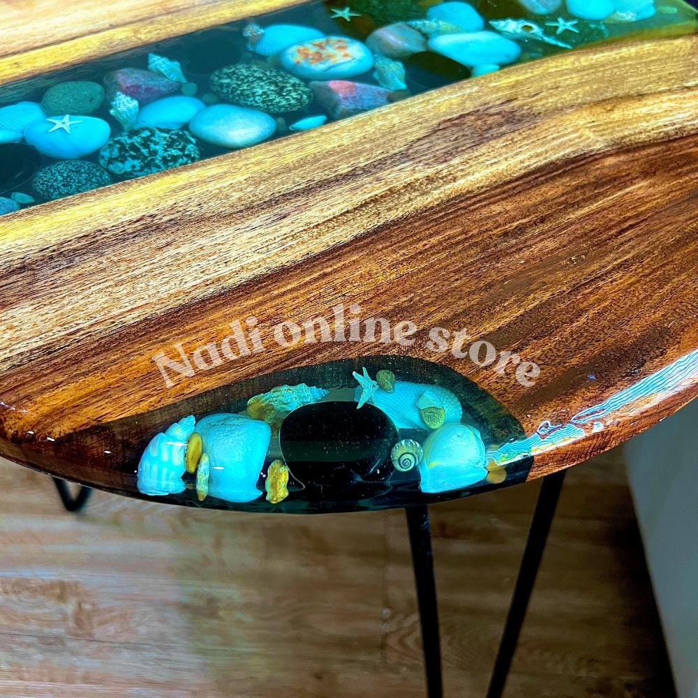 Epoxy resin pebble river coffee table, custom resin live edge table, round end table with legs, living room center table wood and epoxy table