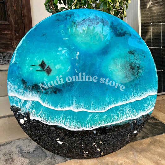 Resin ocean coffee table with metal legs, GLOW IN DARK beach themed end table, crashing waves bedside nightstand, blue epoxy beach house table