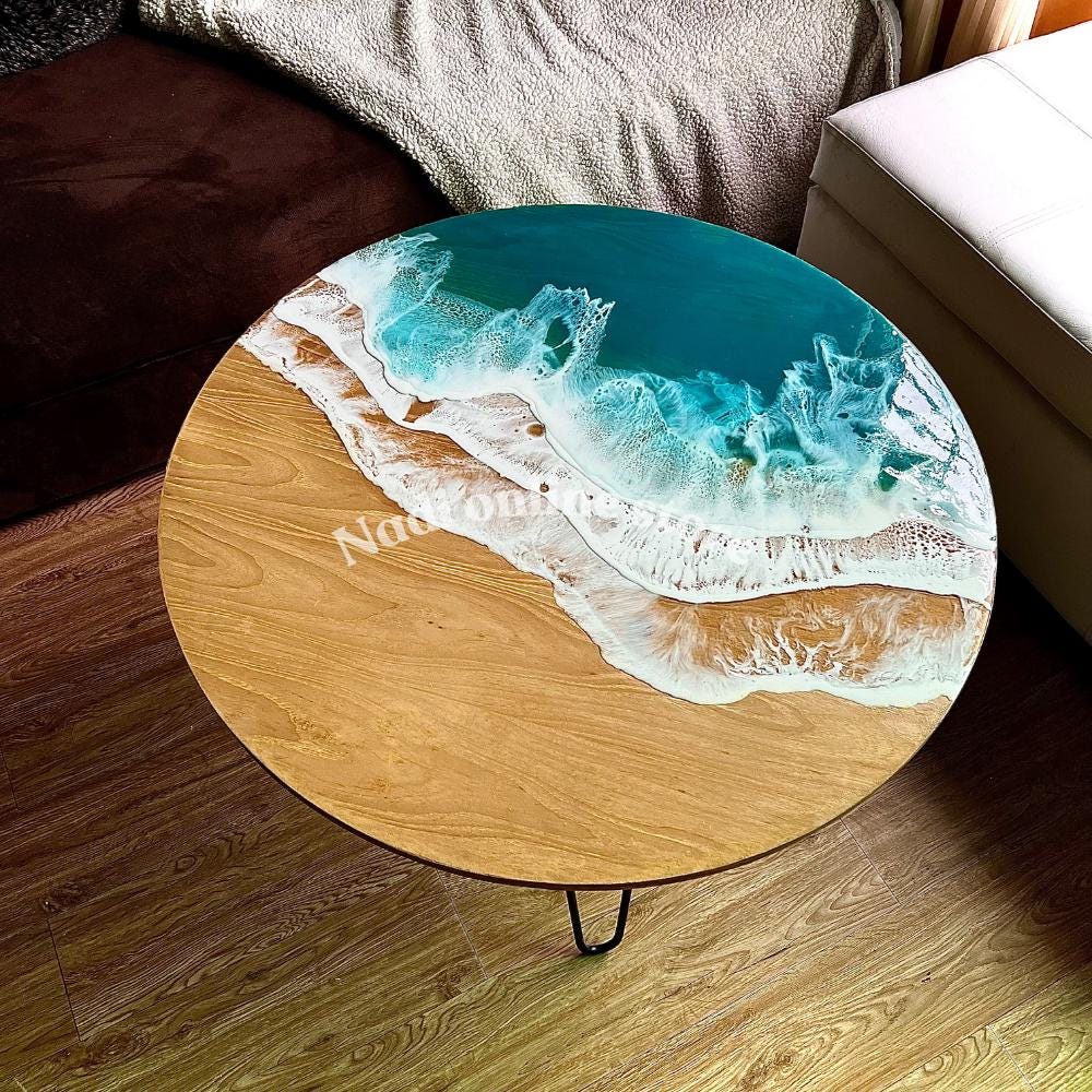 Resin ocean coffee table with metal legs, tropical beach themed end table, crashing waves bedside nightstand, blue epoxy beach house table