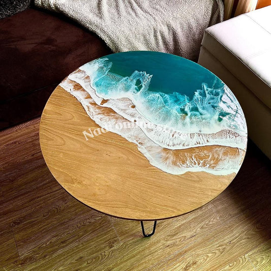 Resin ocean coffee table with metal legs, tropical beach themed end table, crashing waves bedside nightstand, blue epoxy beach house table