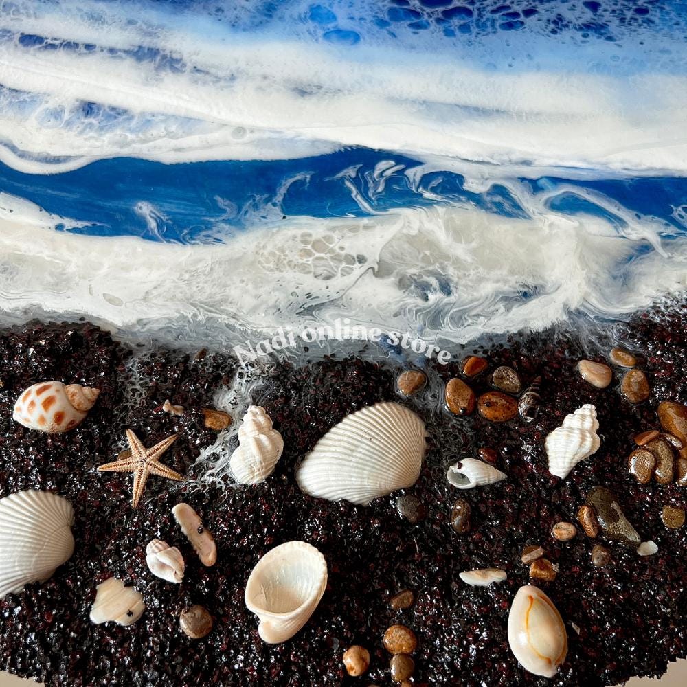 Resin ocean coffee table, blue beachy side table, custom epoxy side table, coastal waves and seashells table, round bedroom nightstand with legs