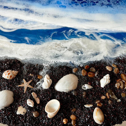 Resin ocean coffee table, blue beachy side table, custom epoxy side table, coastal waves and seashells table, round bedroom nightstand with legs