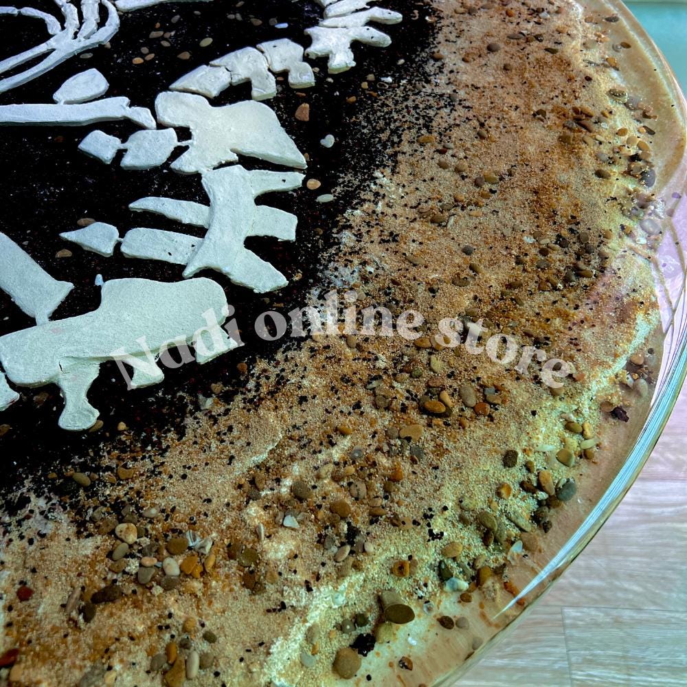 Dinosaur themed epoxy resin clear coffee table, ultra realistic fossil bedside nightstand, end table with metal legs, live edge pebble sand