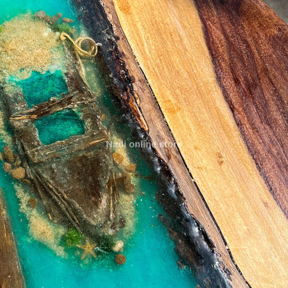 Resin Ocean Wave Coffee Table, Round Epoxy Wood Coffee Table, Live Edge Coffee Table, Ocean Decor ship wreck end table outdoor patio table