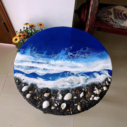 Resin ocean coffee table, blue beachy side table, custom epoxy side table, coastal waves and seashells table, round bedroom nightstand with legs