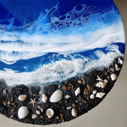 Resin ocean coffee table, blue beachy side table, custom epoxy side table, coastal waves and seashells table, round bedroom nightstand with legs